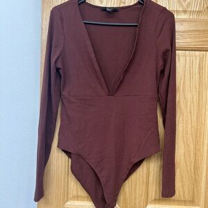 Forever 21 Deep V-Neck Brown Bodysuit